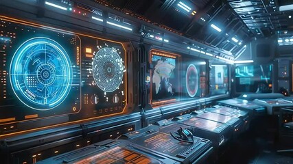 futuristic command center with illuminated holographic interface and advanced control panel footage - Powered by Adobe