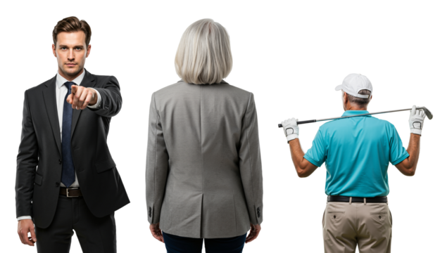 Young businessman pointing, choosing between a career woman and a retired senior golfer. Concept of recruitment, career choice, and retirement.