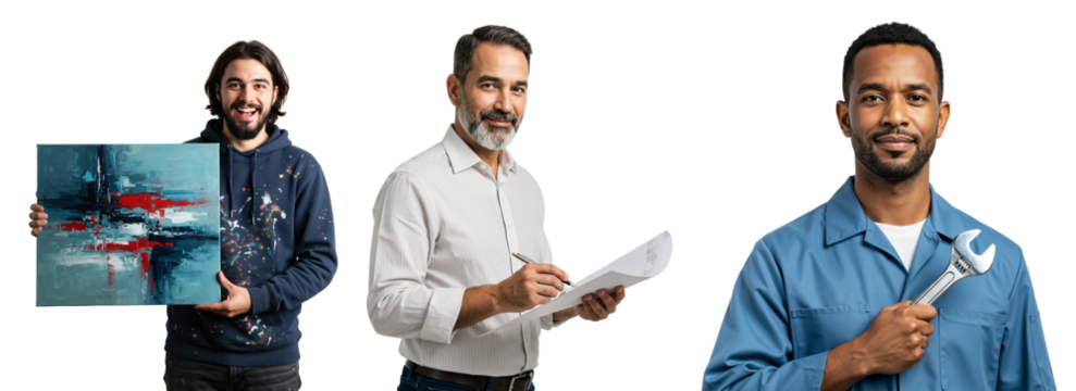 Diverse group of skilled male professionals: a young caucasian artist holding abstract artwork, a mature hispanic businessman reviewing documents, and a young african american mechanic with a wrench.