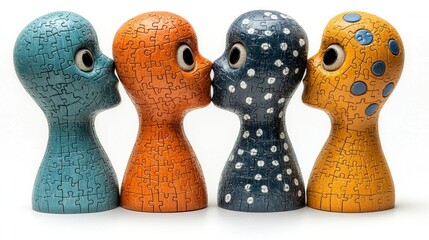 Colorful jigsaw sculptures in a kiss gesture