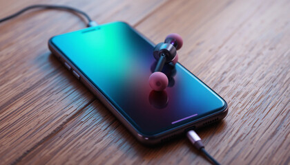 Phone Charging with Headphones on Wood Surface in Dramatic Lighting