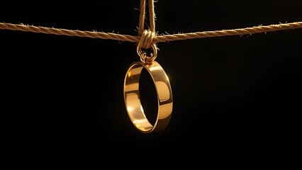 Golden wedding bands hanging on a thin rope against a dark backdrop, symbolizing love and elegance.
