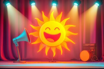 Smiling sun with megaphone on stage under colorful lights
