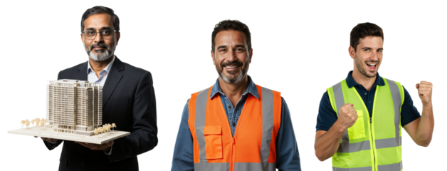 Diverse group of smiling male professionals showcasing an indian architect with a building model and two construction workers expressing success.