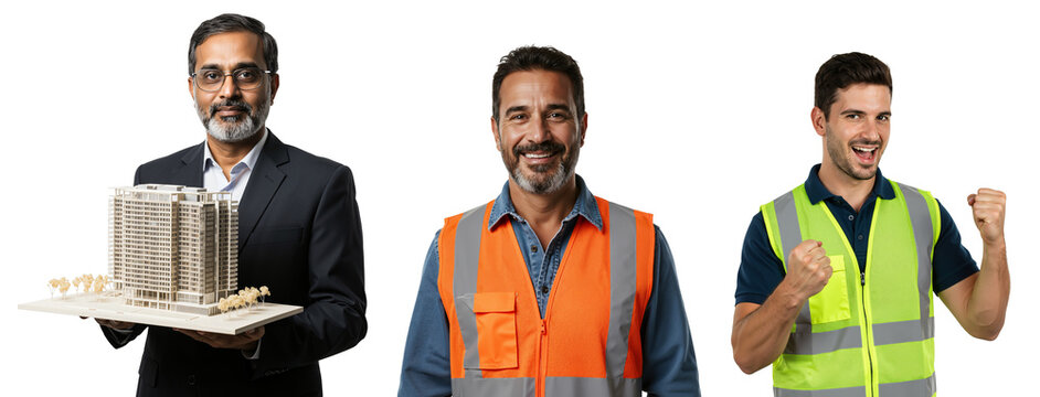 Diverse group of smiling male professionals showcasing an indian architect with a building model and two construction workers expressing success.