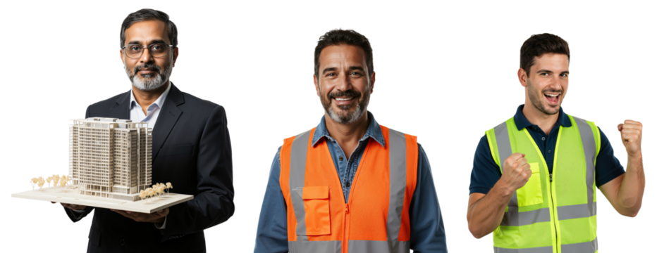 Diverse group of smiling male professionals showcasing an indian architect with a building model and two construction workers expressing success.