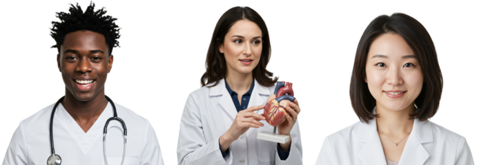 Group of Diverse Medical Professionals: A Young Black Male Doctor with Stethoscope, a Young Caucasian Female Doctor Holding a Heart Model, and an Asian Female Physician Smiling
