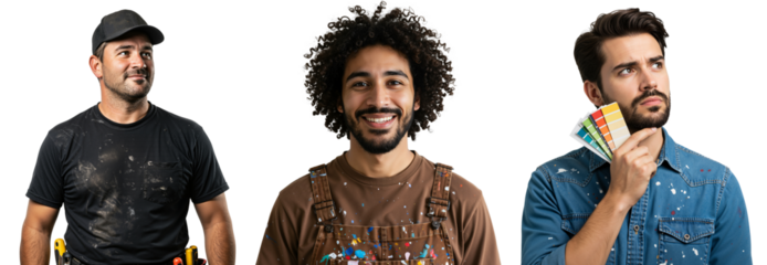 Three Diverse Male Painters in Casual Attire with Tools and Paint Swatches Against a Black Background, Reflecting Different Styles and Personalities