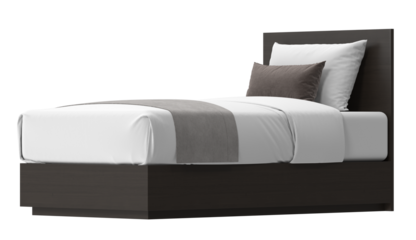 Three-quarter perspective view of a modern single bed with dark wood frame and white bedding, isolated. 3D render.