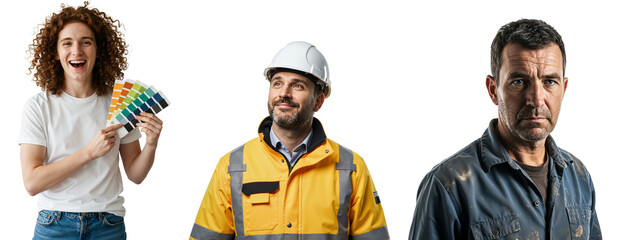 Portraits of Three Workers: A Cheerful Young Woman with Color Swatches, a Professional Man in a Hard Hat, and a Serious Man in Mechanic Overalls Against a Dark Background
