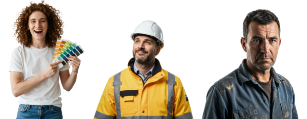 Portraits of Three Workers: A Cheerful Young Woman with Color Swatches, a Professional Man in a Hard Hat, and a Serious Man in Mechanic Overalls Against a Dark Background