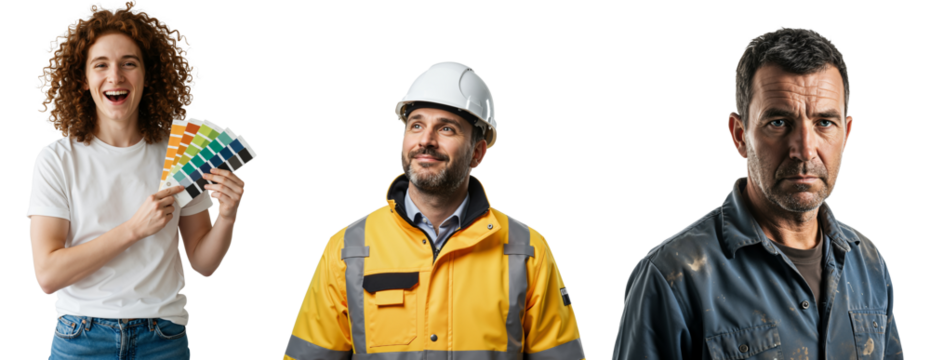 Portraits of Three Workers: A Cheerful Young Woman with Color Swatches, a Professional Man in a Hard Hat, and a Serious Man in Mechanic Overalls Against a Dark Background