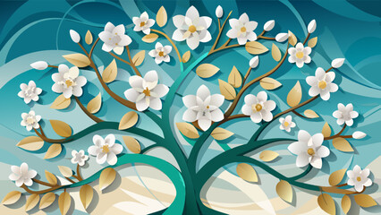 Stylized tree with white blossoms and golden leaves against a swirling teal and blue background