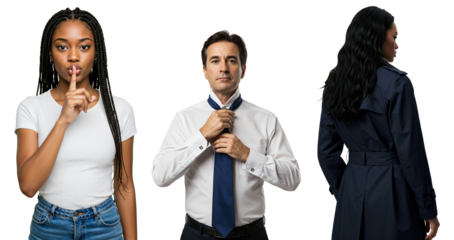 Composite of a young Black woman asking for silence, a middle-aged man adjusting his tie, and a mysterious woman. Corporate secrets and espionage concept.