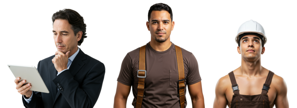 A Diverse Depiction of Professional Men: A Caucasian Businessman with a Tablet, a Hispanic Construction Worker in Brown Shirt, and a Young Man in Hard Hat and Overalls - Powered by Adobe