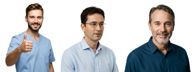 Three Men Portrait: A Young Male in Medical Scrubs, an Adult Male in Casual Attire, and a Mature Male with Salt-and-Pepper Hair Posing Against a Dark Background