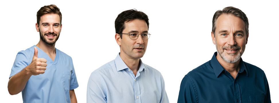 Three Men Portrait: A Young Male in Medical Scrubs, an Adult Male in Casual Attire, and a Mature Male with Salt-and-Pepper Hair Posing Against a Dark Background