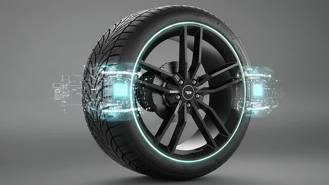 Futuristic tire and wheel with digital interface design, technology and future concept