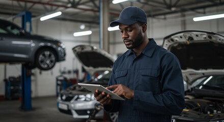 African American Mechanic Using Digital Tablet for Car Repair in Auto Repair Shop