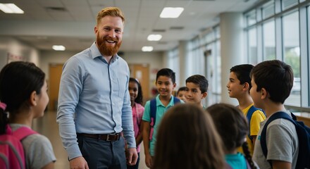 Happy Male Elementary School Teacher Surrounded by Diverse Group of Students in School Hallway