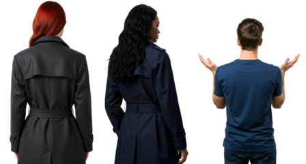Rear view of three diverse people against a transparent background. Two women in trench coats and a man gesturing in frustration.