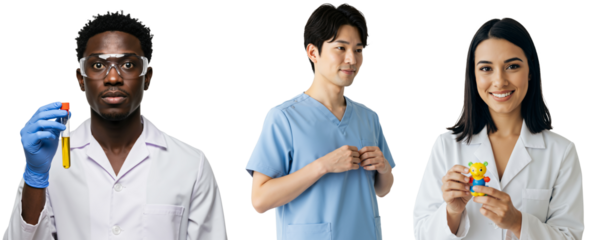 Diverse Group of Medical Professionals: A Black Male Scientist Holding a Test Tube, a Korean Male Nurse in Scrubs, and a Hispanic Female Lab Technician with Medical Supply