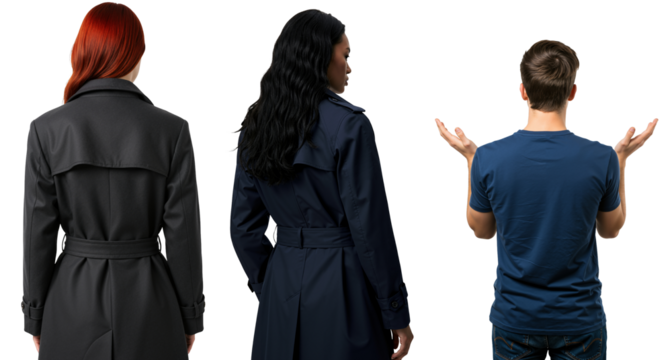 Rear view of three diverse people against a transparent background. Two women in trench coats and a man gesturing in frustration.