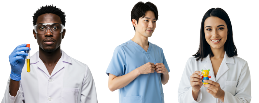 Diverse Group of Medical Professionals: A Black Male Scientist Holding a Test Tube, a Korean Male Nurse in Scrubs, and a Hispanic Female Lab Technician with Medical Supply