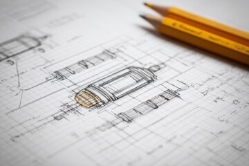 Detailed architectural design sketch on grid paper featuring a lamp with pencil tools in the foreground
