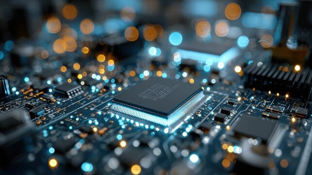Close-up view of a circuit board featuring a microchip with glowing lights in a detailed electronic environment