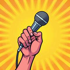 Hand holds microphone against vibrant yellow background, radiating energy and excitement. This symbolizes communication and performance
