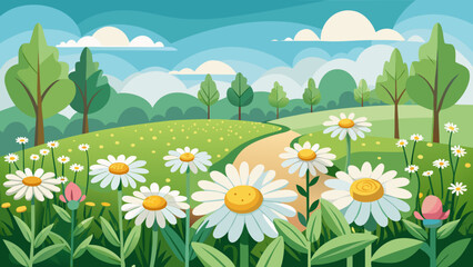 Fototapeta premium Vibrant spring meadow with blooming daisies and a winding path through rolling green hills under a blue sky