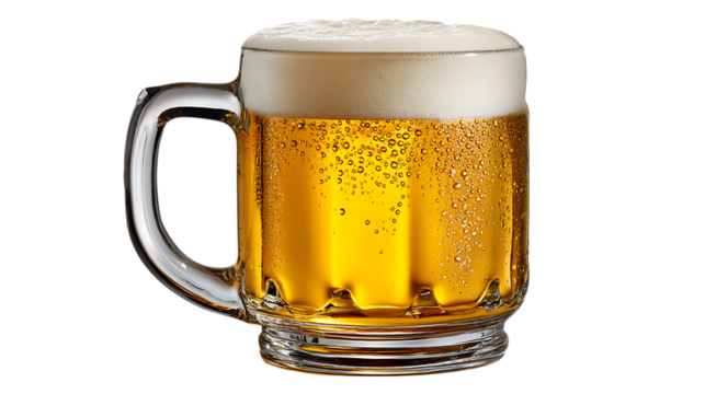 A refreshing cold beer in a glass mug with lots of bubbles and foam isolated on transparent background
