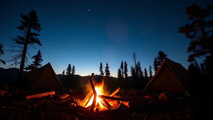 Twilight campsite with glowing fire under starry sky, evoking adventure and nature's serenity.
