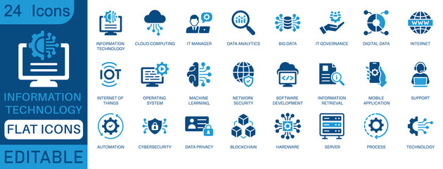 Information Technology icon set. Containing cloud computing, IT manager, big data, data analytics, internet, network security and more. perfect flat icon collection.