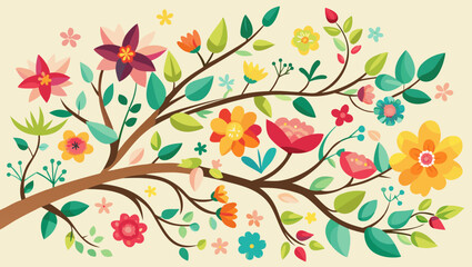 Vibrant floral branches with colorful blooming flowers and green leaves on a light background