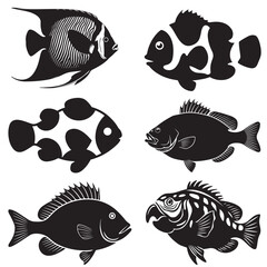 Silhouettes of Various Fish Species in Black and White