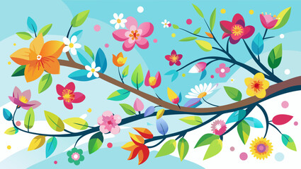 Vibrant spring blossom branches with colorful flowers and green leaves against a bright blue sky background