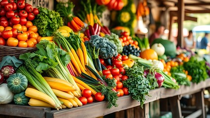Colorful assortment of fresh vegetables arranged artistically on a rustic market stall.