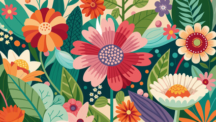 Vibrant and colorful floral pattern with large blooming flowers and lush green leaves in a flat design style
