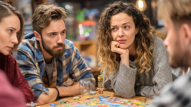 A diverse group of young adults enjoys a lively game night, their happy smiles and laughter filling a cozy indoor cafe as they engage in a fun board game.