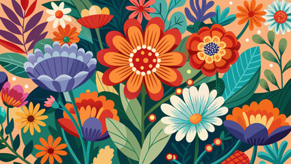 Vibrant and colorful floral illustration with a variety of blooming flowers and lush green leaves on a soft peach background