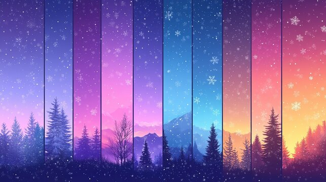 Abstract Winter Backgrounds for Social Media Stories with Colorful Snowflakes and Snowy Trees - Vector EPS for Event Invitations, Discount Vouchers, Ads