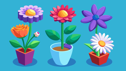Three colorful potted flowers in a row with a blue background
