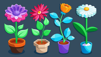 Collection of four colorful potted flowers with stylized geometric petals and leaves