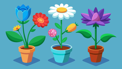 Three potted plants with colorful stylized flowers in a flat design style