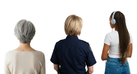 Rear view of three diverse women: a senior citizen, a female police officer, and a young Black woman with headphones.