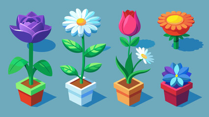 Collection of colorful potted flowers in isometric view