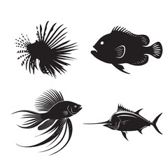 Silhouettes of Various Fish Species in Black and White