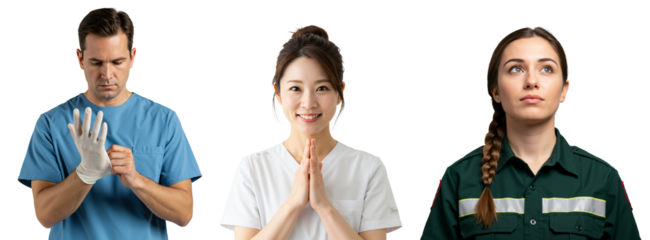 A Diverse Group of Healthcare Professionals: A Middle-Aged Male Doctor Preparing for a Procedure, a Young Asian Female Nurse Smiling, and a Young Caucasian Female Paramedic in Uniform
